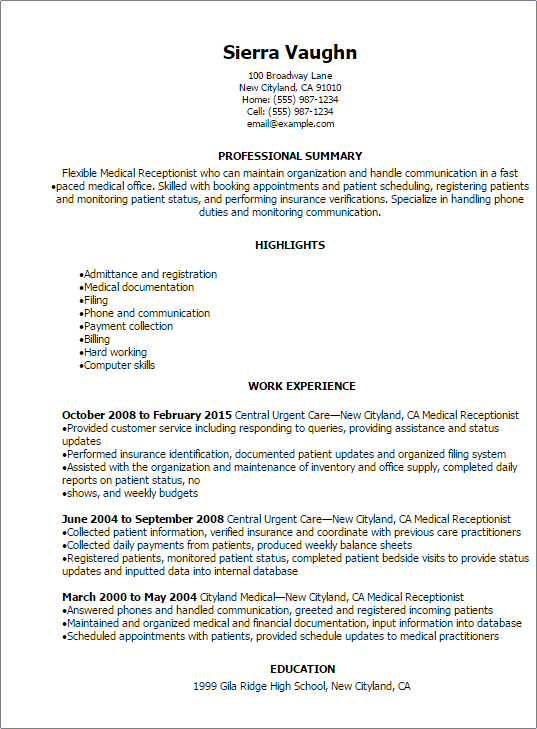 Medical Receptionist Resume Examples & Templates