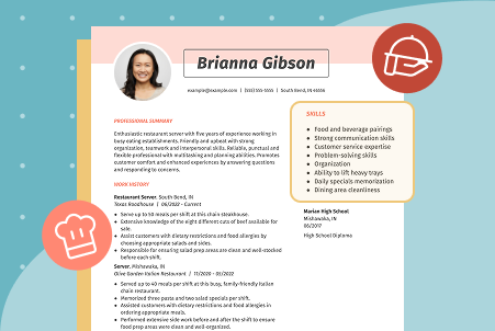 Illustration of a sample resume for a food service worker with the skills section highlighted, surrounded by icons of a chef's hat and a serving cloche