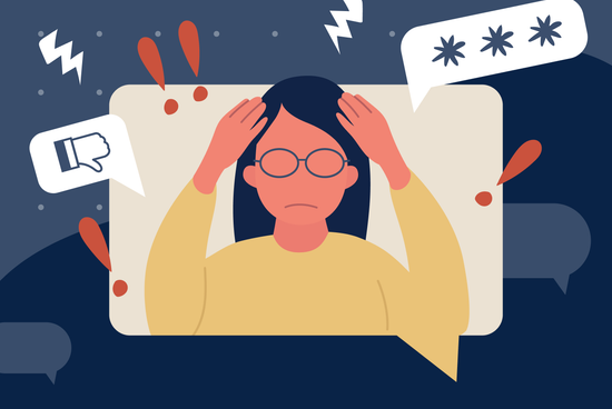 An illustration of a woman inside a large speech bubble holding her head amidst symbols of stress like lightning and a thumbs down, representing remote work conflict.