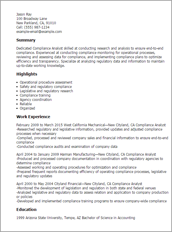 1 Compliance Analyst Resume Example Try Them Now