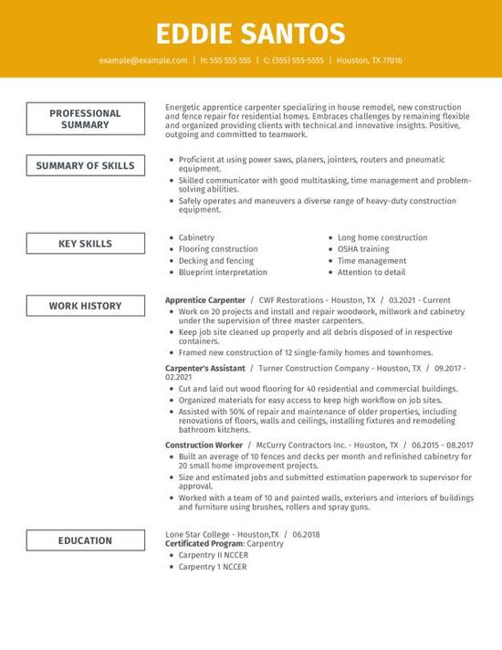 Carpenter Apprentice Resume Examples & Templates