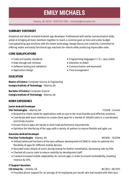 Android Software Developer CV  Guide + Tips + Example