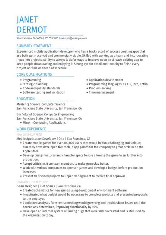 Mobile Application Developer CV Guide + Tips + Example