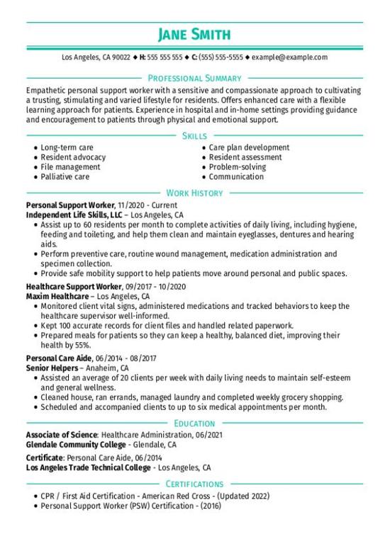 Personal Support Worker Resume Examples & Templates