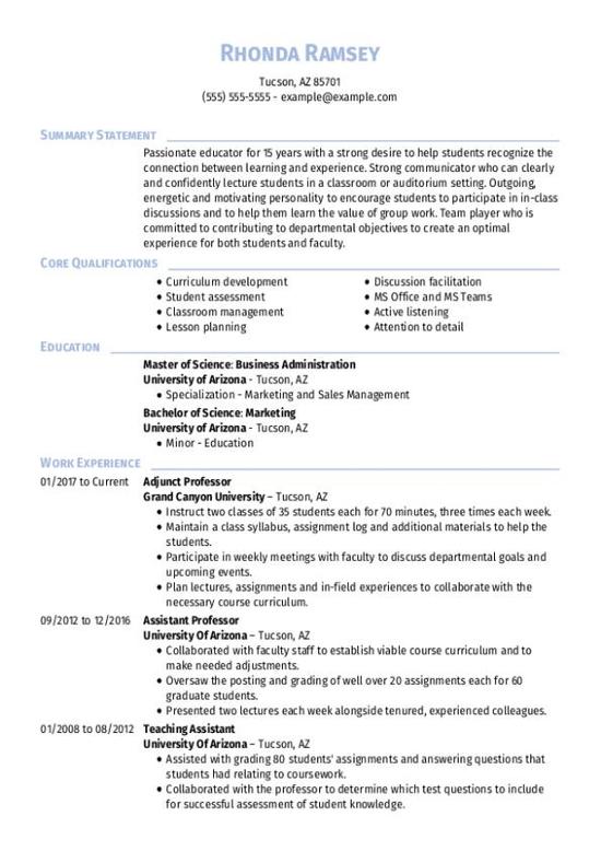 Adjunct Professor CV Examples & Templates