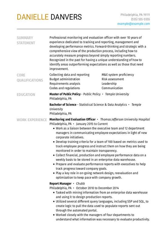 Monitoring & Evaluation Officer CV Guide + Tips + Example