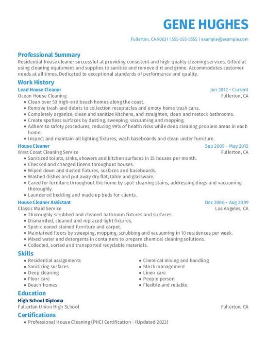 Residential House Cleaner Resume Examples & Templates