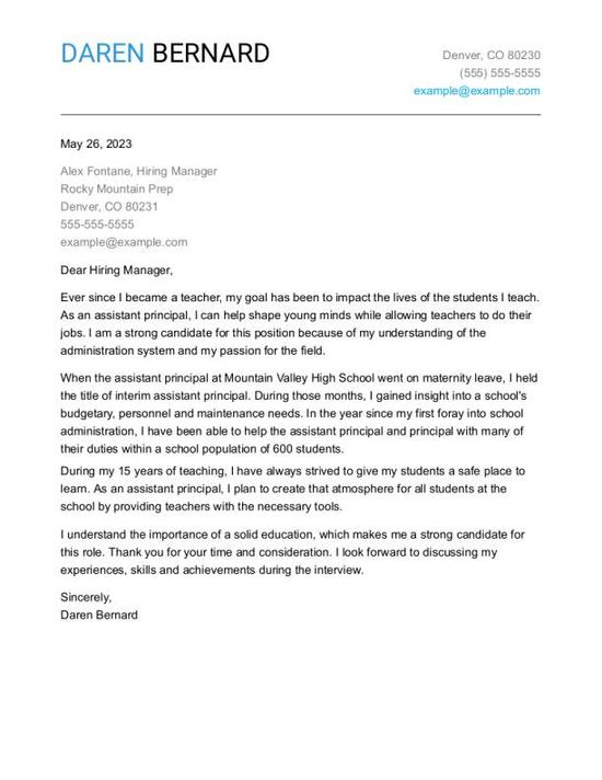 Assistant Principal Cover Letter Example & Templates