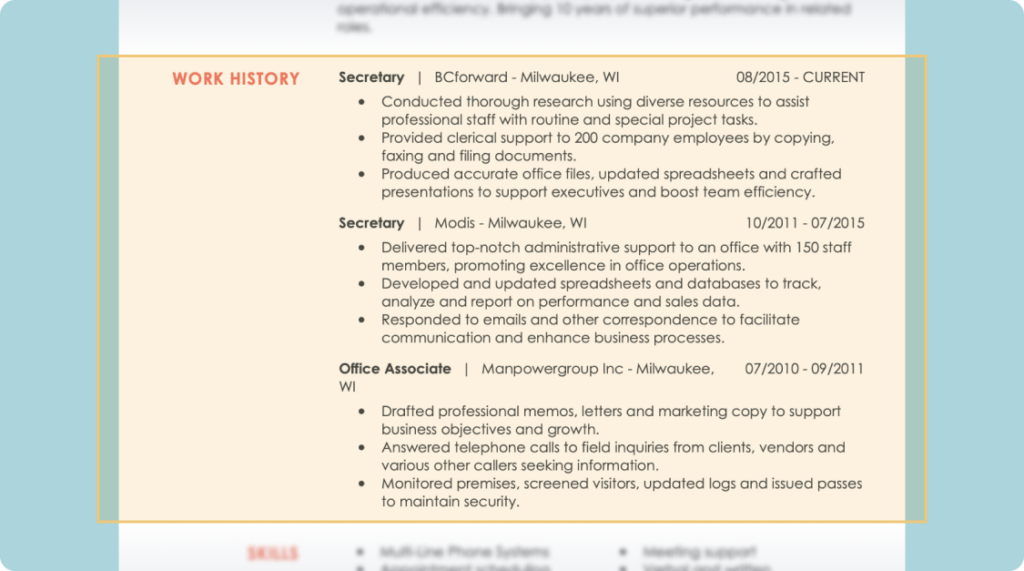 Work history section of a professional resume example