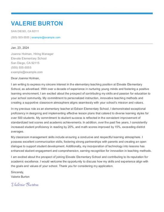 Elementary Teacher Cover Letter Examples & Templates