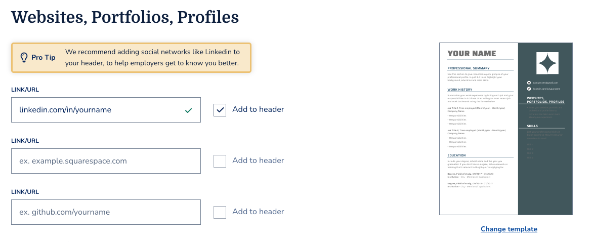 Myperfectresume Builder Add Professional Links