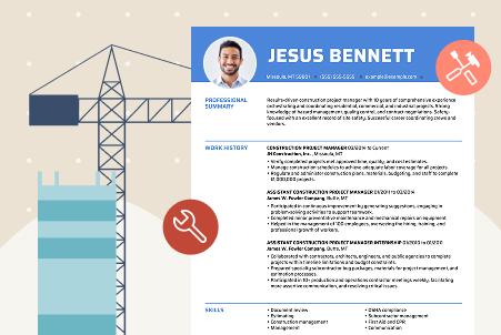 An illustration of a sample resume for a construction project manager, shown next to crane and tool icons