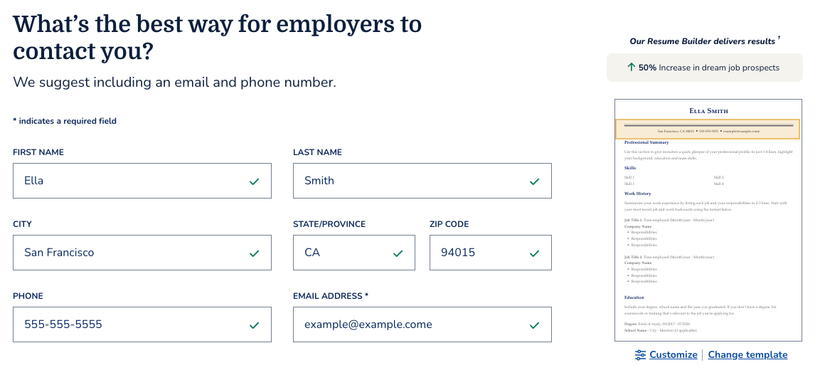 Resume header builder tool screenshot from MyPerfectResume