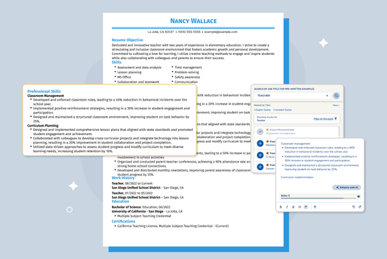 Infographic on teacher resume skills and keywords
