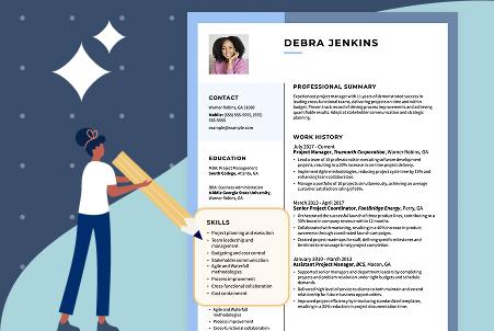 An illustration of a woman holding a giant pencil, standing next to a sample resume for a project manager, with the skills section highlighted