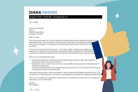 Graphic of a cover letter with a clearly visible and well-formatted header, including contact information and professional details, alongside an icon of a person holding a thumbs-up symbol