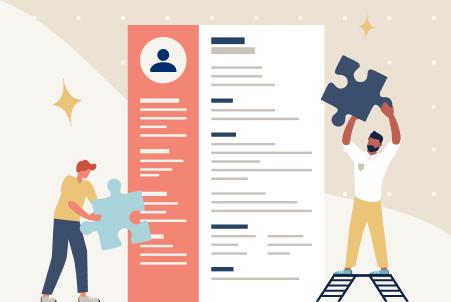 An illustration of two people using giant puzzle pieces to assemble a large resume, symbolizing the process of improving it