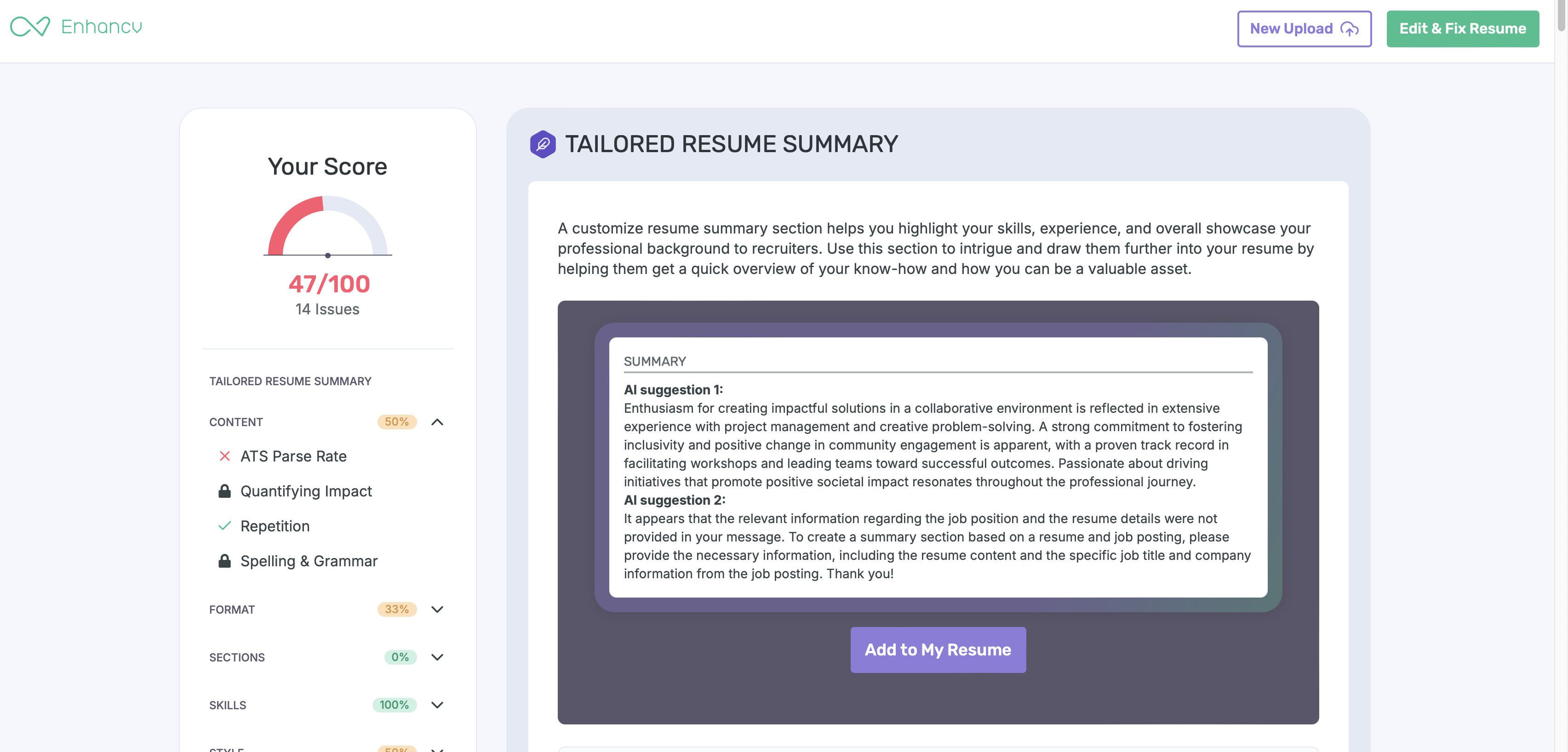 Enhance Cv Resume Summary Generator