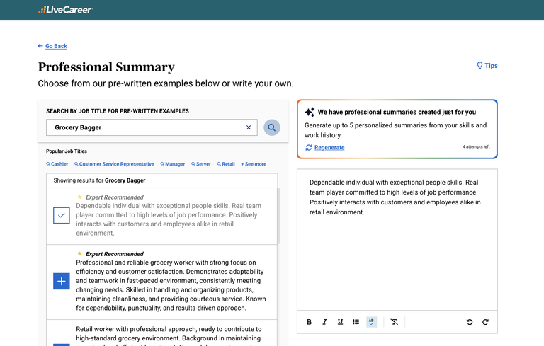 Livecareer Professional Summary Section Review