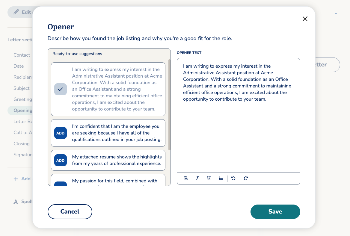 MyPerfectResume cover letter opener text editor